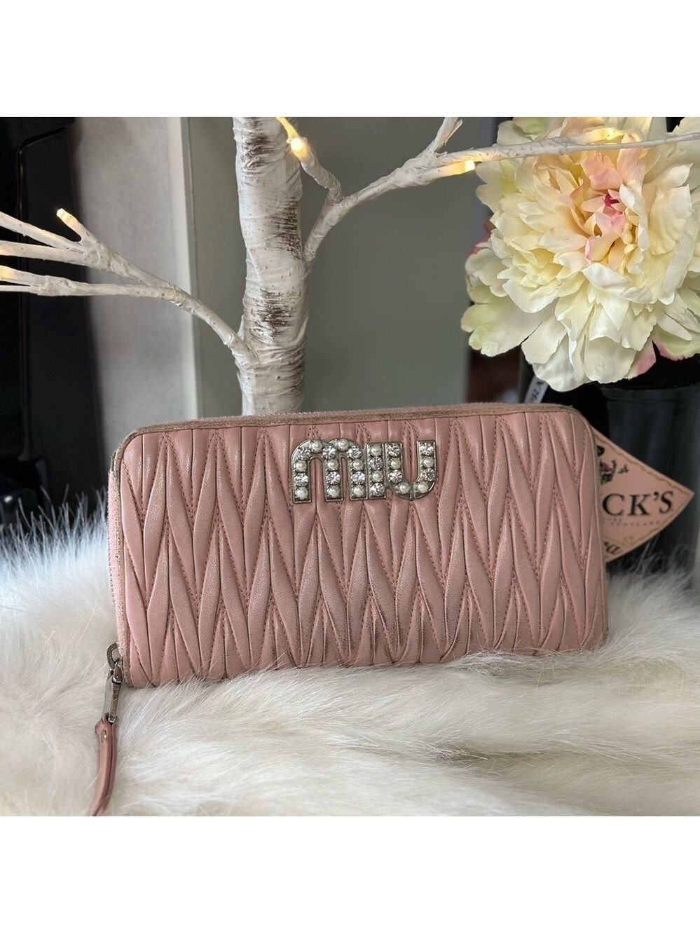 MIU MIU LOGO PEARL RHINESTONE MATELASSE LEATHER ZIPPY ZIP AROUND LONG WALLET